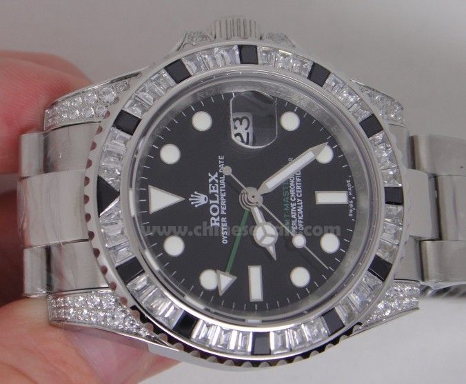 Copy Rolex GMT Rainbow Watch SS White&Black Diamond Bezel